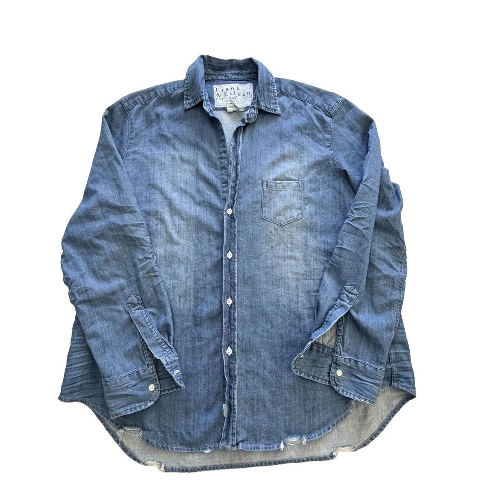 Frank & Eileen Distressed Indigo Washed Denim Shirt Sz L $288